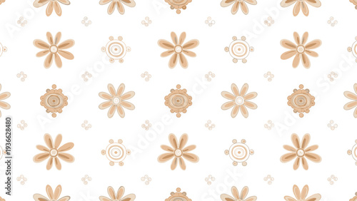 Simple symmetrical floral pattern featuring rows of small tan-colored flowers and geometric circles on a clean white background surface.