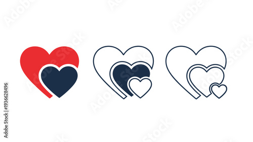 Series of nested heart icons in different styles, from solid red and blue to simple outlines, representing love and relationship themes.