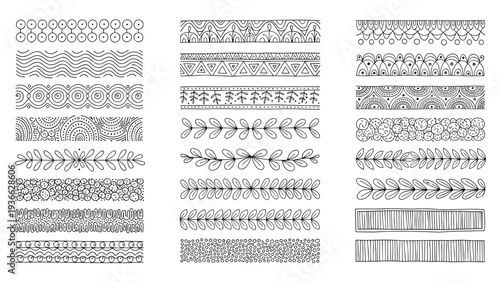 Comprehensive set of decorative border designs featuring various geometric and botanical patterns in hand-drawn black ink line art.