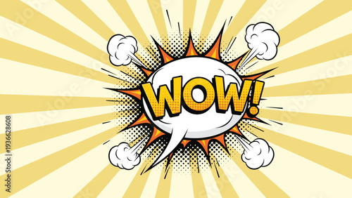 Comic book style text wow on an explosive white speech bubble with steam and yellow sunburst background for pop art graphic design.