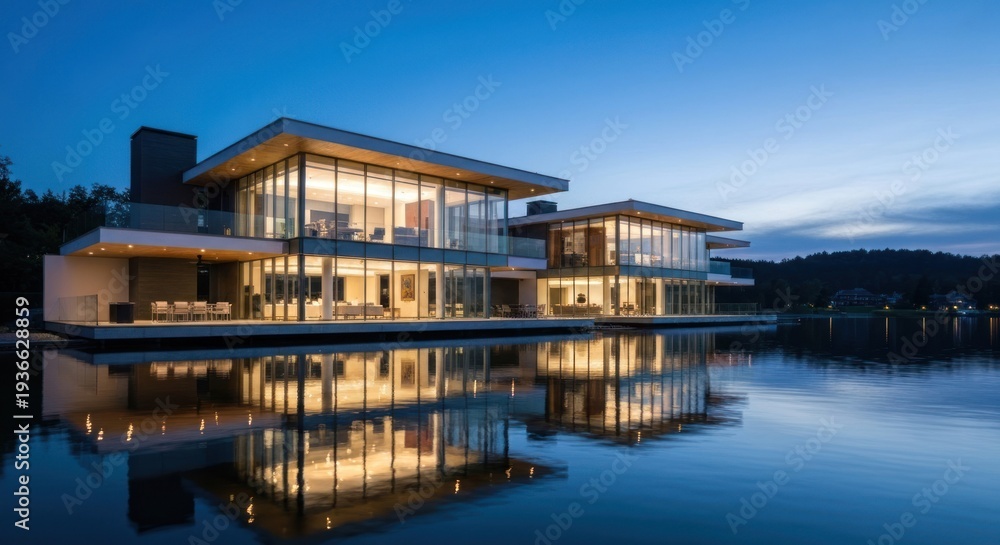 Fototapeta premium Modern lake house at dusk, reflected in still water. Two connected structures, glass-fronted, illuminated interiors, show on a calm lake