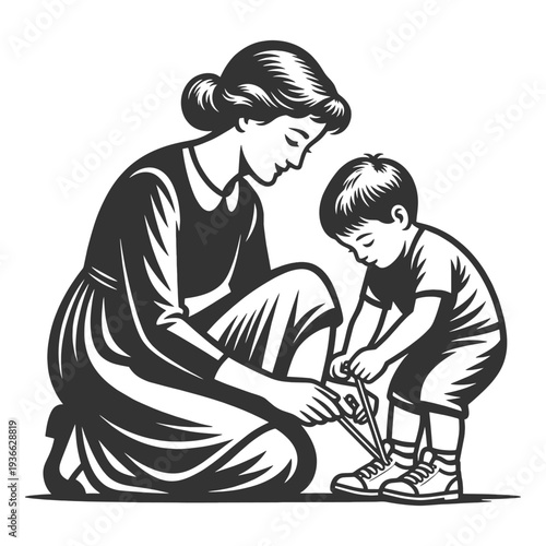 mother kneeling to tie her young son shoe, showing care, love and family support sketch engraving generative ai fictional character vector illustration. Scratch board imitation. Black and white image.