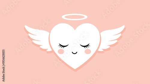 Cute white heart with closed eyes, a small smile, pink cheeks, angel wings, and a halo isolated on a pink background.
