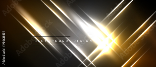 Dark background features bright golden, silver lines. Diagonal streaks create dynamic visual effect. Center glows intensely. Modern design element.
