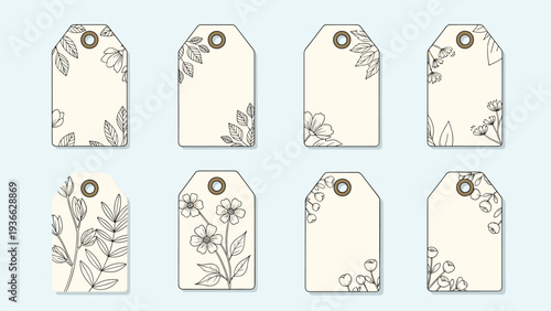 Set of eight elegant cream colored gift tags featuring delicate black and white hand drawn floral and leaf illustrations.