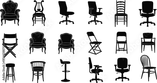 Silhouettes of diverse chair designs, antique armchairs, modern office seats, folding chairs, bar stools, dining furniture vector illustration art
