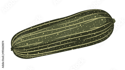 Detailed illustration of dark green zucchini or cucumber with light speckles and ridges isolated on a white background.