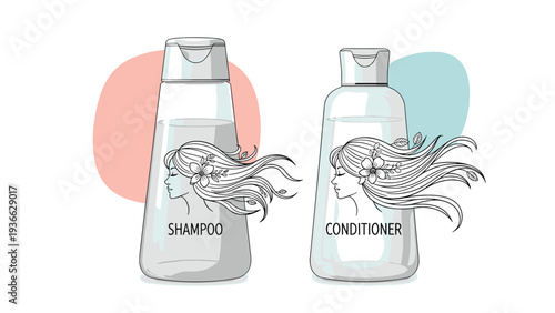 Illustration of two clear shampoo and conditioner bottles featuring an elegant line art graphic of a woman with long hair.