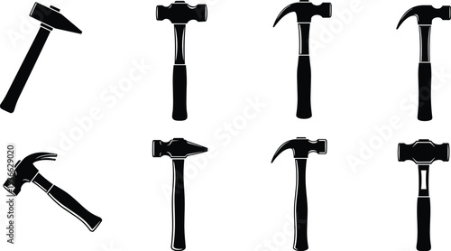 Hammer tool silhouette set construction carpentry hand tool equipment icon collection vector illustration isolated on white background
