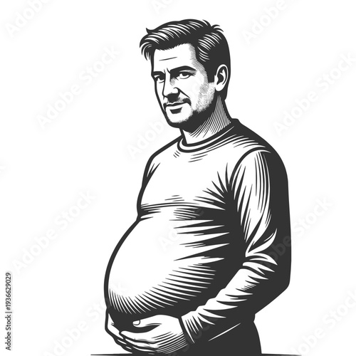 overweight adult man in side view, highlighting large belly and obesity health concept sketch engraving generative ai fictional character vector illustration. Scratch board imitation. Black and white.