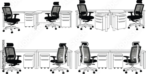 Office workspace desk and ergonomic chair set modern workplace furniture workstation vector illustration collection isolated on white background