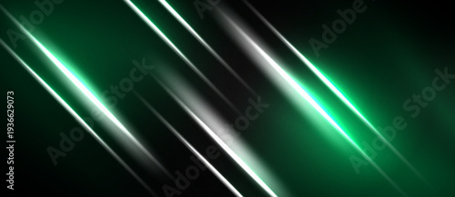 Abstract background features diagonal lines. Green hues dominate, with bright white streaks creating dynamic visual effect. Minimalist design.