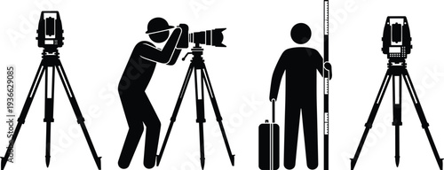 Surveyor and land surveying equipment icons set with total station tripod and measuring staff vector illustration collectionSurveyor and land surveying 