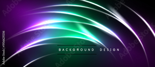 Abstract neon lines create dynamic background. Purple, green hues blend, forming elegant curves. Modern design element for digital projects.