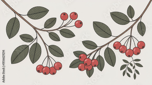 Two brown branches with green leaves and vibrant red berries on a light beige background symbolizing nature and freshness