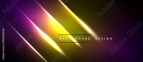 Abstract design features vibrant diagonal light streaks. Purple, yellow hues blend into dark background. Modern, dynamic composition.
