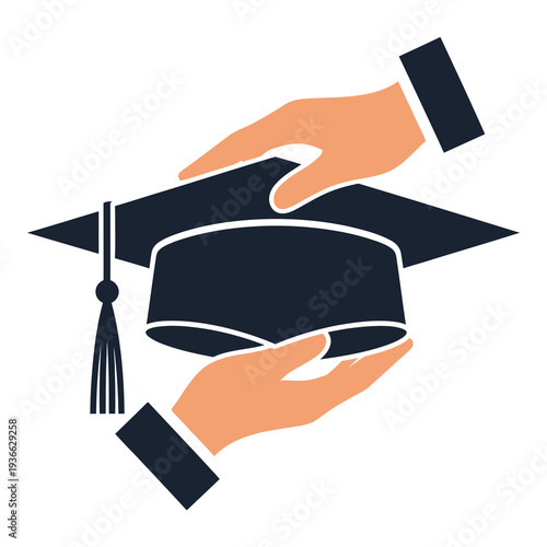 Graduation cap in hands of student after finishing university studies successfully icon