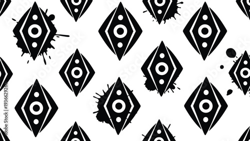Bold black and white pattern featuring repeating diamond shapes and abstract paint splatters for a modern tribal and edgy look.