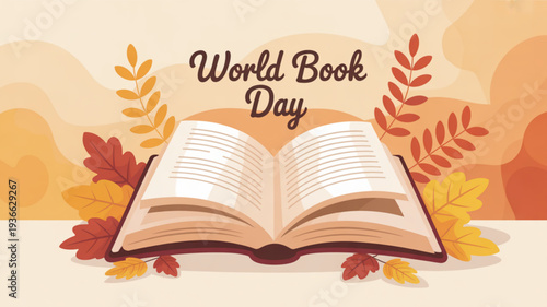 World book day illustration with open book and colorful autumn leaves on beige background