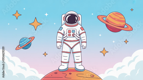 Astronaut standing on planet with stars and planets in space wearing white spacesuit with red accents floating in zero gravity surrounded by celestial bodies and cosmic clouds