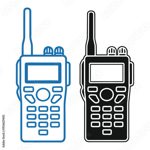 Two walkie talkies in blue and black on white background for communication icon