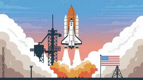 Space shuttle launching into sky with american flag and tower at sunset with flames and smoke