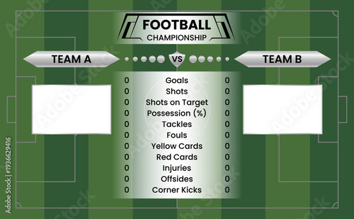 Football match statistics scoreboard template with soccer field background