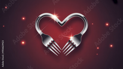 Silver heart shaped utensils on red background with sparkles romantic dinner symbol