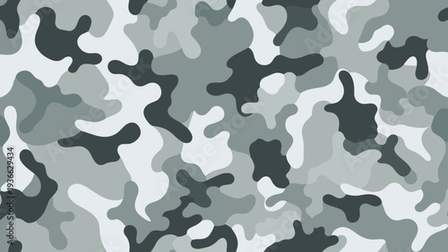 Classic military style seamless camouflage pattern in various shades of grey and white for concealment or fashion and textile applications.