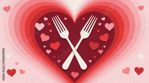 Romantic valentine's day heart with crossed forks and knife utensils on pink background for restaurant or food concept