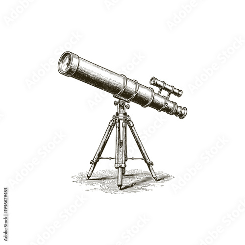 Vintage astronomical telescope on a tripod illustration in a classic engraving style