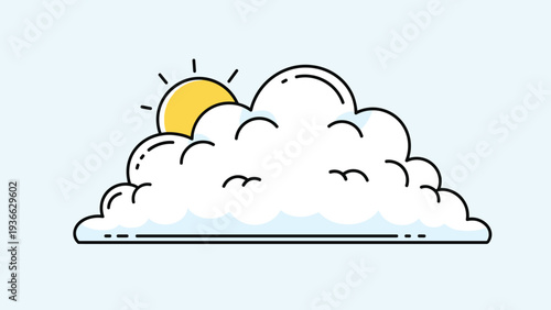 Playful flat style icon of a yellow sun rising from behind a fluffy white cloud with blue shading on a light blue background for weather.