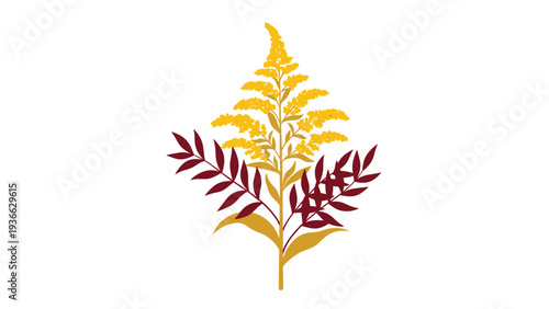 Vertical botanical arrangement featuring a golden yellow floral spike and dark maroon leaf branches in a balanced autumnal color scheme.