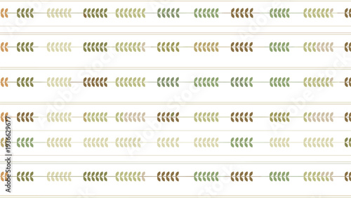 Simple and clean seamless pattern showing rows of horizontal stems with small green and brown leaves for a natural and organic textile design.