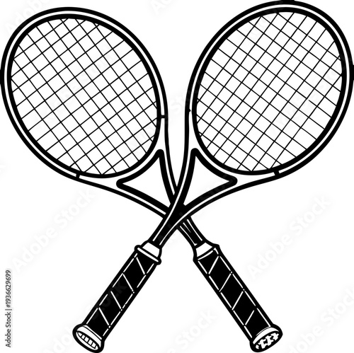 Two tennis rackets, depicted in a stark black and white graphic style, are crossed in the center of the image. The rackets' frames and handles are solid black, contrasting sharply with the grid-like n