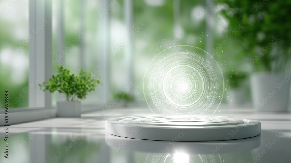 Fototapeta premium Showcase of Nature: A contemporary image featuring a minimalist platform gracefully positioned, bathed in the gentle glow of light with the background of a sun-drenched serene atmosphere.