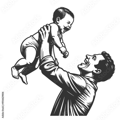 happy father lifting his laughing baby in the air, expressing love, bonding and parental joy sketch engraving generative ai fictional character vector illustration. Scratch board. Black and white.