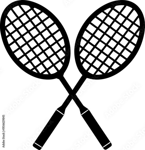 Two tennis rackets, depicted in a stark black and white graphic style, are crossed in the center of the image. The rackets' frames and handles are solid black, contrasting sharply with the grid-like n