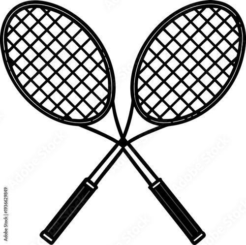 Two tennis rackets, depicted in a stark black and white graphic style, are crossed in the center of the image. The rackets' frames and handles are solid black, contrasting sharply with the grid-like n
