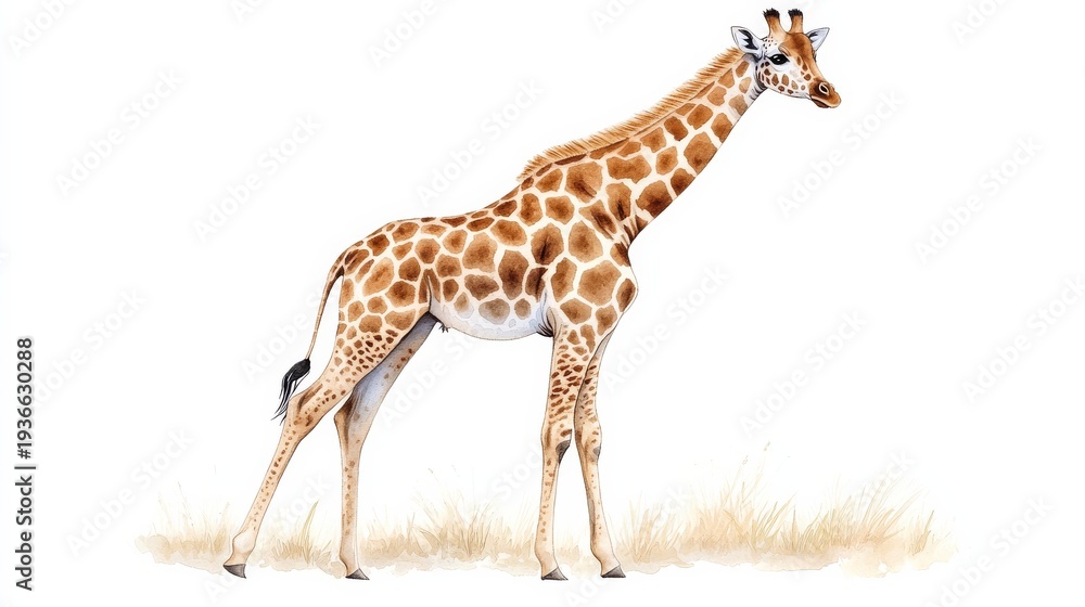 Naklejka premium watercolor illustration of a cute giraffe with brown and yellow spots, standing gracefully in a serene savanna landscape, with soft pastel clouds 