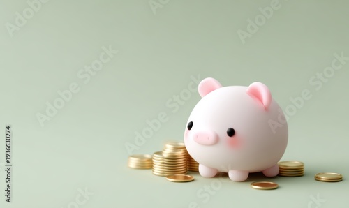 Financial Piggy Bank: A charming piggy bank rests beside a growing pile of gold coins, symbolizing financial growth and prudent savings, against a soft, inviting backdrop.