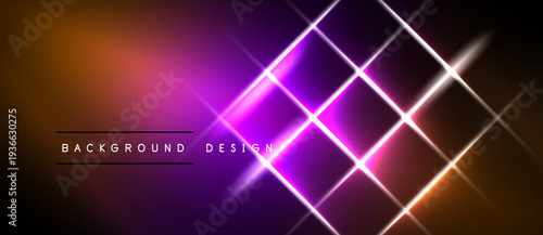 Vibrant abstract background features glowing squares, gradient colors. Purple, pink, orange hues create dynamic visual effect.