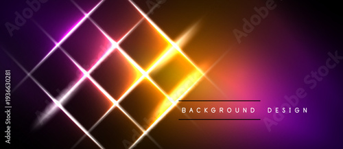 Vibrant neon grid pattern. Purple, orange, yellow hues blend. Modern abstract design with bright light effects. Dark background contrasts sharply.