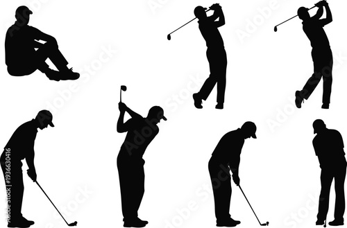 Silhouettes of golfers in various poses, backswing, mid-swing, follow-through, putting and seated stance, sports illustration for golf technique references
