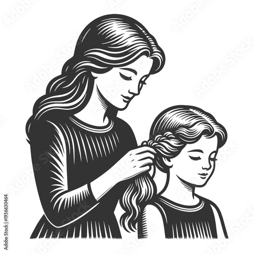 caring mother braiding her daughter hair, symbolizing parenting, family love, childhood care, and nurturing sketch engraving generative ai vector illustration. Scratch board imitation. Black and white