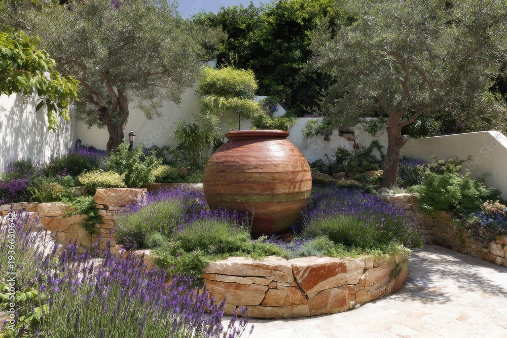 Obraz premium A vibrant garden scene features a large pot nestled among blooming lavender plants and elegant olive trees, all basking in the warm sunlight of a beautiful daytime setting