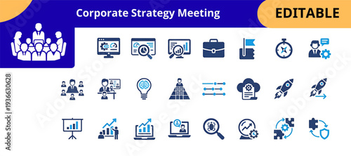 Business management strategy flat icons set. teamwork meeting, analytics report, growth chart, project planning, leadership, digital collaboration, cloud technology