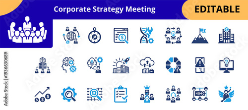 Business strategy management outline icons set. teamwork collaboration, finance growth, corporate planning, digital transformation, startup development, analytics