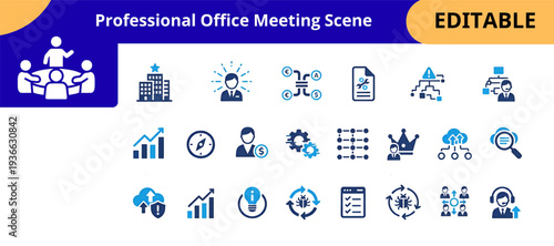 Business leadership and workflow flat icons set. office teamwork, management strategy, finance planning, analytics growth, cloud system, customer support