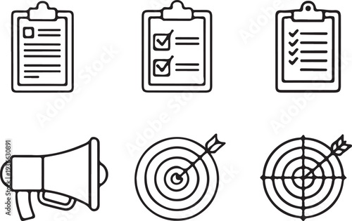 Business planning and goal setting icons with checklists megaphone and target boards